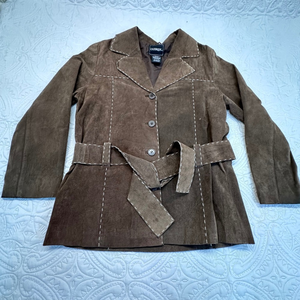 Outbrook Dark Brown Leather Belted Jacket Contrast Stitch Suede Coat Medium 8/10